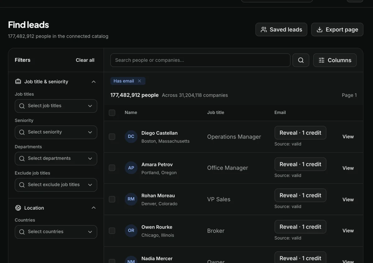 Sendsets Find leads screen