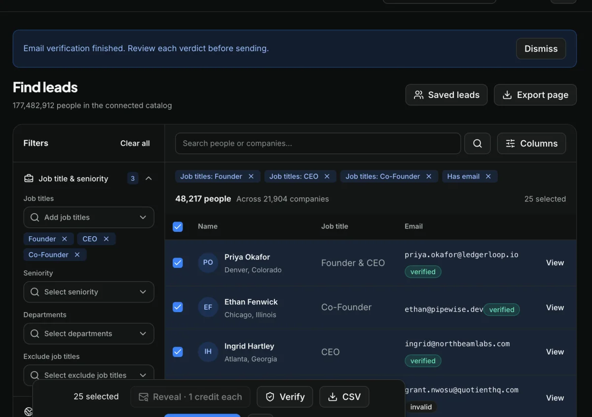Sendsets Find leads screen