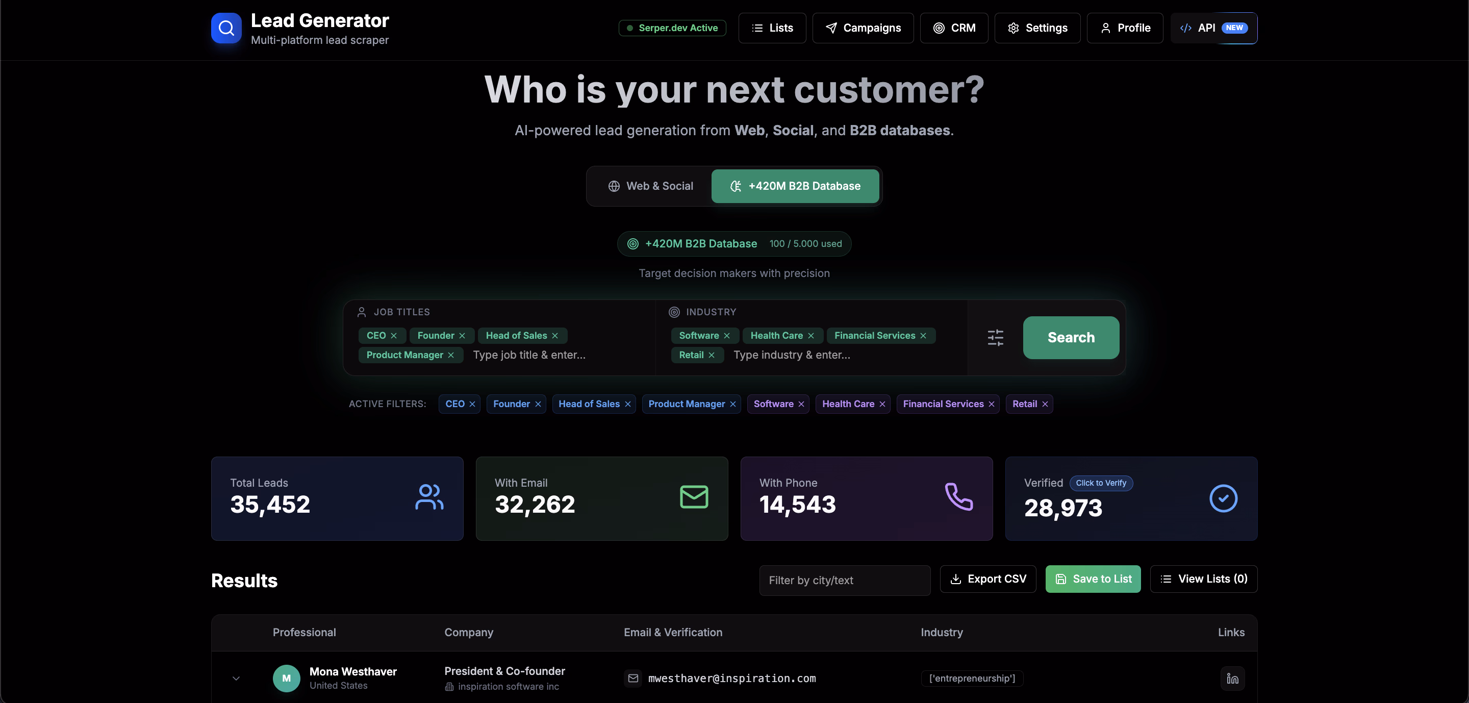 Sendsets dashboard: B2B lead search, verification and cold email in one tool